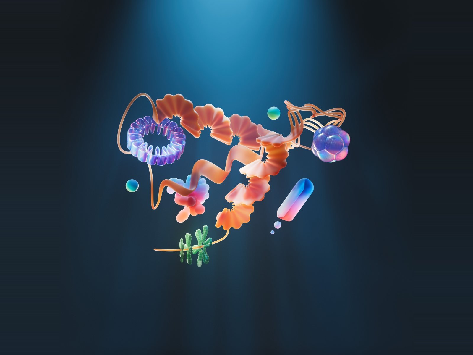 Abstract illustration of molecular structures, proteins and cellular components
